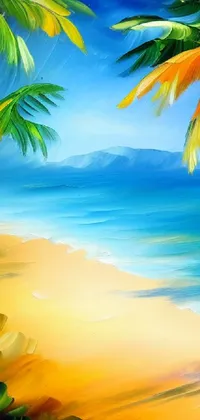This phone live wallpaper showcases a captivating airbrush painting of two palm trees swaying on a golden beach on a sunny day