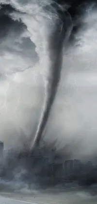 This phone live wallpaper features a dramatic black and white photo of a tornado hanging over a city, ready to strike at any moment