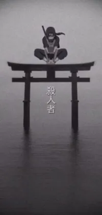 This live phone wallpaper depicts a Japanese-inspired minimalistic ink painting of a man sitting on a wooden structure, looking out towards the Sea of Sadness