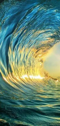 This live wallpaper features a mesmerizing close-up of a wave in the ocean, beautifully framed in gold with a stunning sunrise lighting effect