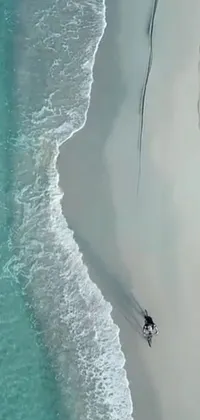 This live phone wallpaper showcases a surfer riding waves on a stunning sandy beach