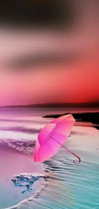 This phone live wallpaper features a stunning pink umbrella sitting on a sandy beach, with warm sunset colors to create a captivating atmosphere