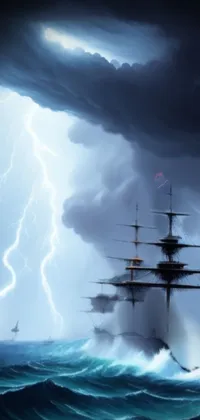 This phone live wallpaper features a digital rendering of a massive pirate ship in the midst of a raging storm inspired by Romanticism
