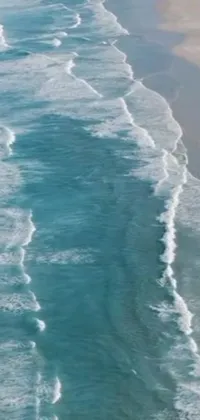 This live wallpaper depicts a serene ocean scene with a sandy beach and rolling waves