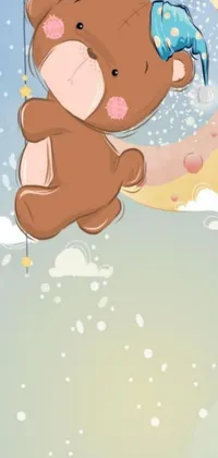 This phone live wallpaper features a charming brown teddy bear sitting on a moon, vector art by Ju Lian