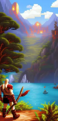 This phone live wallpaper is a pixel art painting of a man overlooking a valley with mountains and greenery in the distance