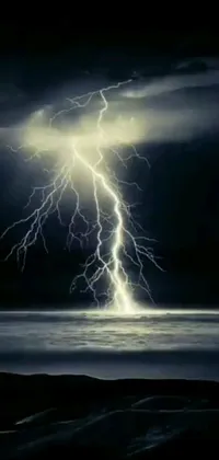 This live wallpaper showcases a striking image of a lightning bolt in the surrealistic sky above a tranquil body of water