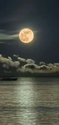Get lost in the serenity of this live wallpaper featuring a boat floating on a peaceful body of water under the full moon