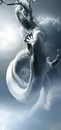 Enjoy the stunning phone live wallpaper of a white dragon with snake-like scales flying through a cloudy sky in a Giger-inspired style
