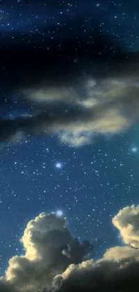 This stunning live wallpaper features a dark blue background gradient with a sky full of fluffy clouds and glistening stars