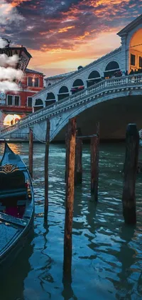 This phone live wallpaper showcases a beautiful gondola resting on a river beside a bridge