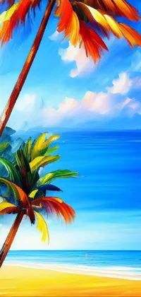 Download a phone live wallpaper featuring a stunning painting of two palm trees on a beautiful beach