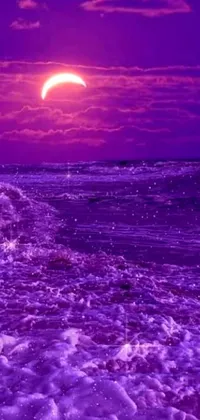 This stunning, purple-themed live wallpaper captures the beauty of nature in the form of a serene sunset that overlooks a calm body of water