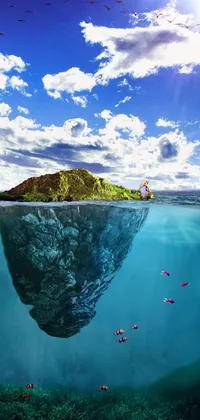 This stunning live wallpaper features a surrealistic image of an island in the middle of a body of water with a unique underwater perspective