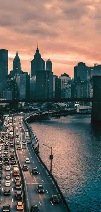 This phone live wallpaper features a bustling and futuristic city filled with heavy traffic next to a serene river