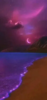 This stunning live phone wallpaper features a beautiful beach scene with a calm aquatic backdrop set against a vibrant, romantic, and surreal purple and red sky