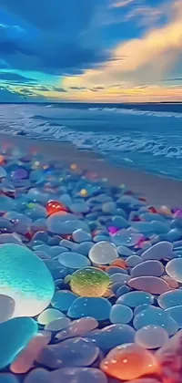 Enjoy a stunning live wallpaper for your phone featuring rocks on a beach, colorful glass art, Tumblr-inspired art, and translucent eggs floating in water