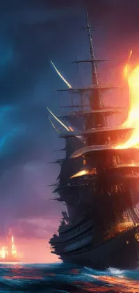 This phone live wallpaper features a magical fantasy scene of a large ship sailing on a body of water under a starry night sky with clouds in the background