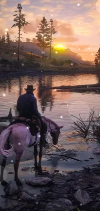 This phone live wallpaper showcases a realistic scene of a person riding a horse alongside a beautiful body of water