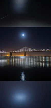 This phone live wallpaper displays a stunning photograph of a bridge over a body of water at night in the Bay Area