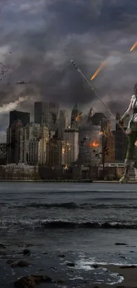 This live wallpaper portrays an intense scenario featuring a man soaring over a city amidst the ruins of an apocalyptic wasteland