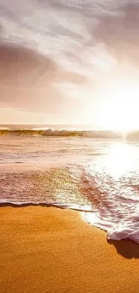 This live wallpaper showcases a vibrant scene of a surfer riding a surfboard on a sandy beach