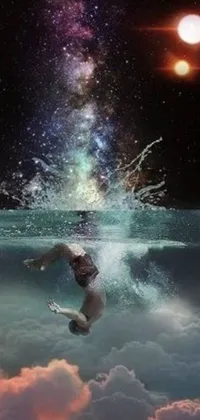 Experience a mesmerizing visual wonderland with this live wallpaper featuring a surreal scene of a man swimming under the starry night sky
