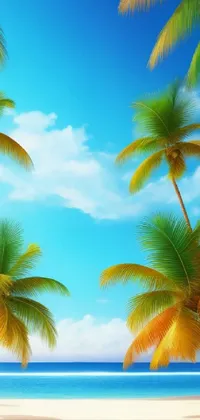 This phone live wallpaper features a meticulously crafted digital rendering of a serene beach with tall palm trees on a bright and sunny day