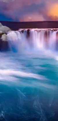 This live wallpaper features a stunning hyperrealistic 8k render of a waterfall and sunset, inspired by the beautiful natural landscape of Iceland