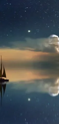 This phone live wallpaper depicts a sailboat floating on still water under a picturesque night sky, featuring romantic elements such as a star-lit sky, peaceful clouds, and a peaceful boat in the background