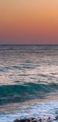 This live wallpaper features a talented surfer riding waves on a rocky beach