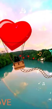 This phone live wallpaper features a charming heart-shaped balloon floating serenely over a peaceful river