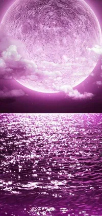 Experience the beauty of a stunning live wallpaper featuring a digital rendering of a purple moon set against a soothing body of water