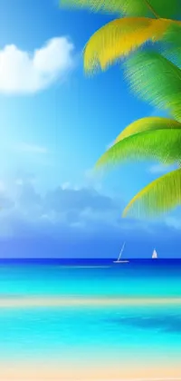 This stunning digital phone wallpaper features a serene tropical beach scene with palm trees and a sailboat in the distance