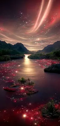 This phone live wallpaper features a serene landscape with a large body of water surrounded by red lights