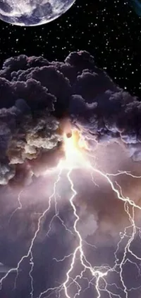 This phone live wallpaper depicts a stunning lightning storm with a full moon in the background