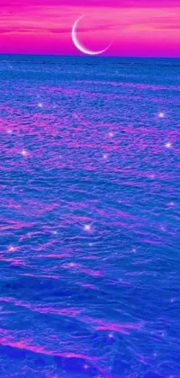 Enjoy a delightful phone live wallpaper featuring a mesmerizing pink and purple sunset over the calming ocean waves