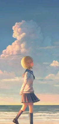 This stunning live wallpaper features an anime-inspired painting of a blonde girl walking along a beach