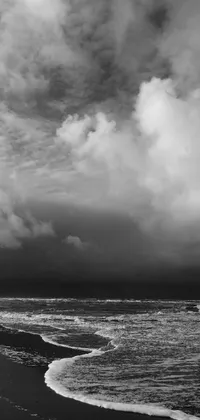 This live wallpaper for your smartphone features a high resolution black and white photo of the ocean during a winter storm, with an ominous sky overhead