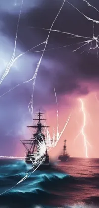 This captivating phone live wallpaper depicts a ship sailing on a vast and turbulent body of water, lit up by intermittent lightning storms