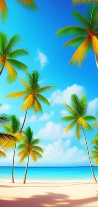 This phone live wallpaper features a stunning illustration of a beach landscape with swaying palm trees against a bright blue sky and crystal clear water