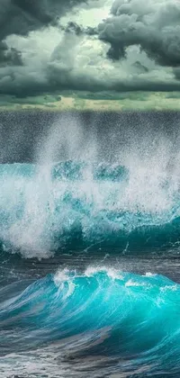 Transform your phone's background with a captivating live wallpaper featuring a surfer riding a powerful wave amidst a stormy ocean