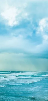This live wallpaper shows a minimalist design of a surfer riding a board on a sandy beach while a rainstorm is in the background