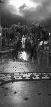 This live phone wallpaper depicts a captivating black and white photo of a rainy street