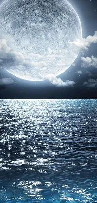 Looking for a calming and serene live wallpaper for your phone? Check out this beautiful digital rendering of a full moon shining over a large body of water