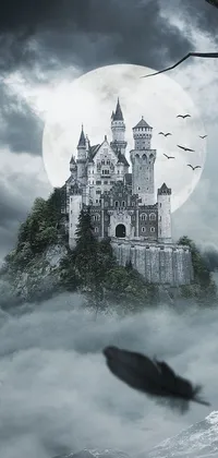 This stunning phone wallpaper features a captivating black and white photograph of a castle rising into the clouds, giving the illusion that it's floating in the air