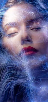 This captivating live wallpaper features a digitally rendered image of a woman with her eyes closed and hair blowing in the wind
