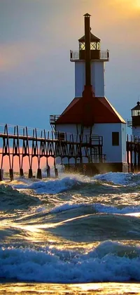 This phone live wallpaper features a serene lighthouse on a pier beside Michigan's vibrant ocean waves