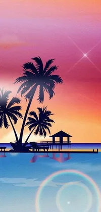 Looking for a stunning live wallpaper for your phone? Look no further than this gorgeous digital art featuring a vibrant beach scene with palm trees