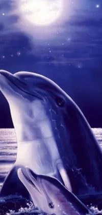 Get lost in the beauty of nature with this stunning phone live wallpaper featuring a robotic anthro dolphin jumping out of the water in front of a full moon